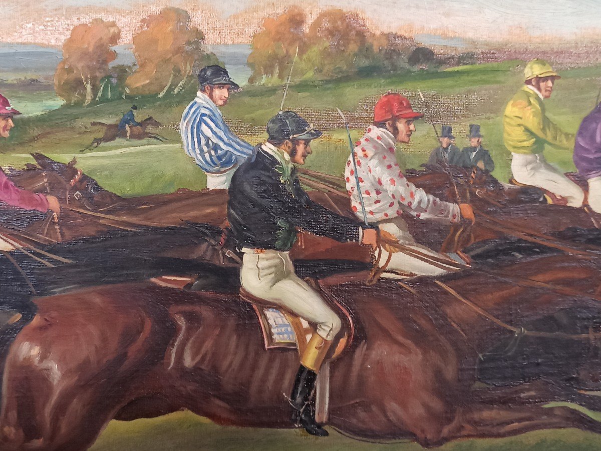 Huile Sur Panneau Course De Chevaux Circa 1900-photo-1