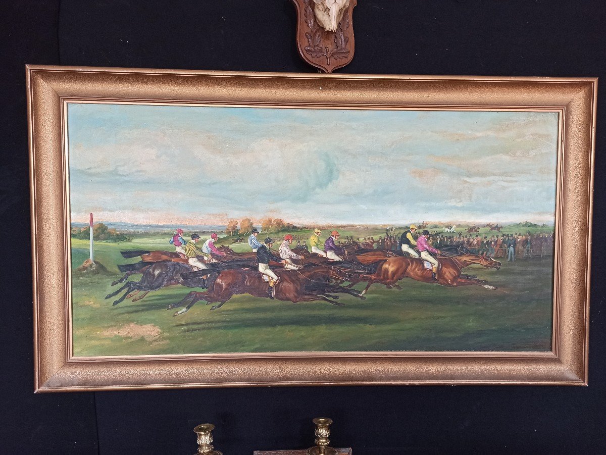 Huile Sur Panneau Course De Chevaux Circa 1900