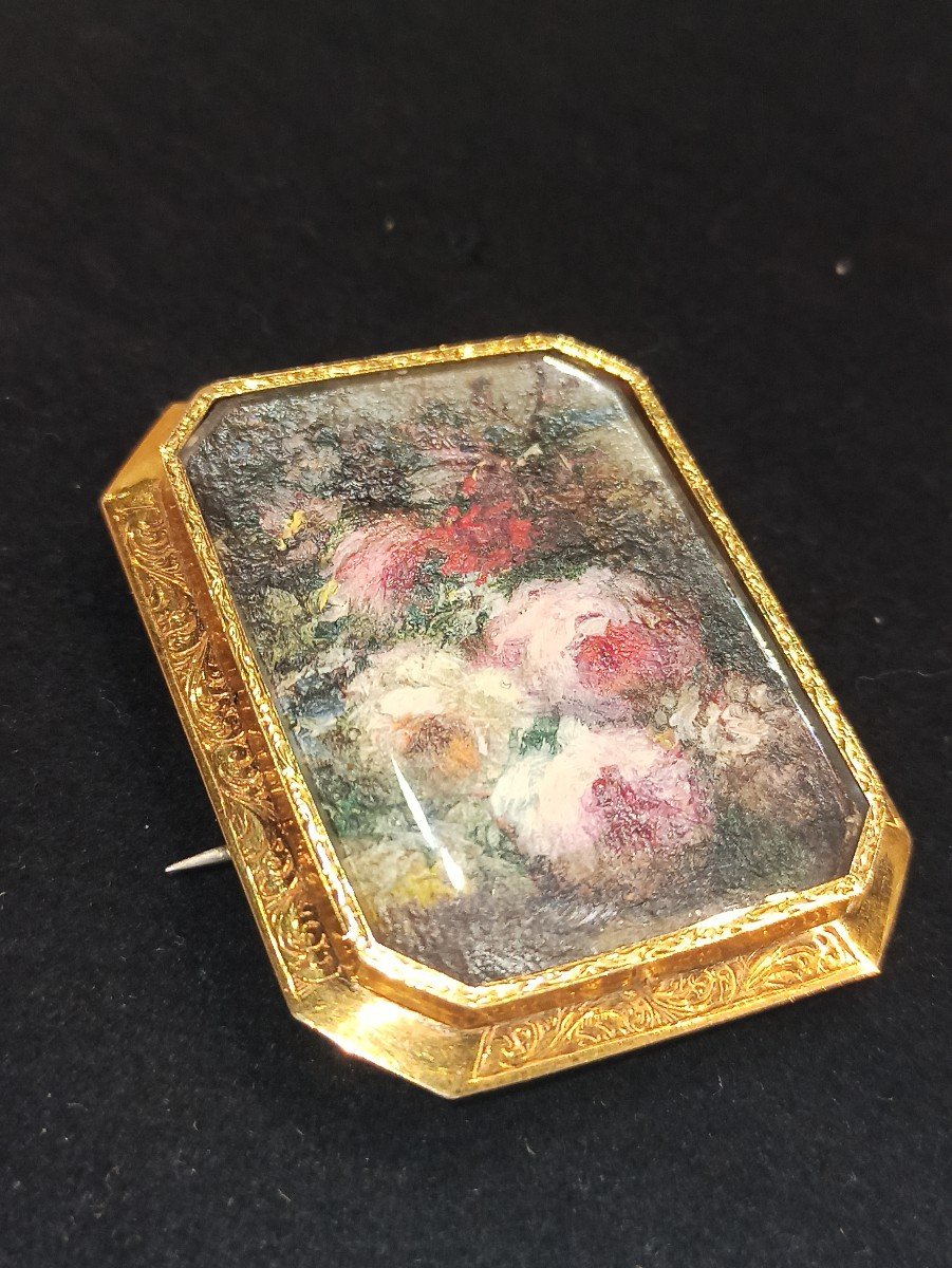 Gold Brooch Decorated With A Painted Miniature Of Flowers Circa 1820-photo-3