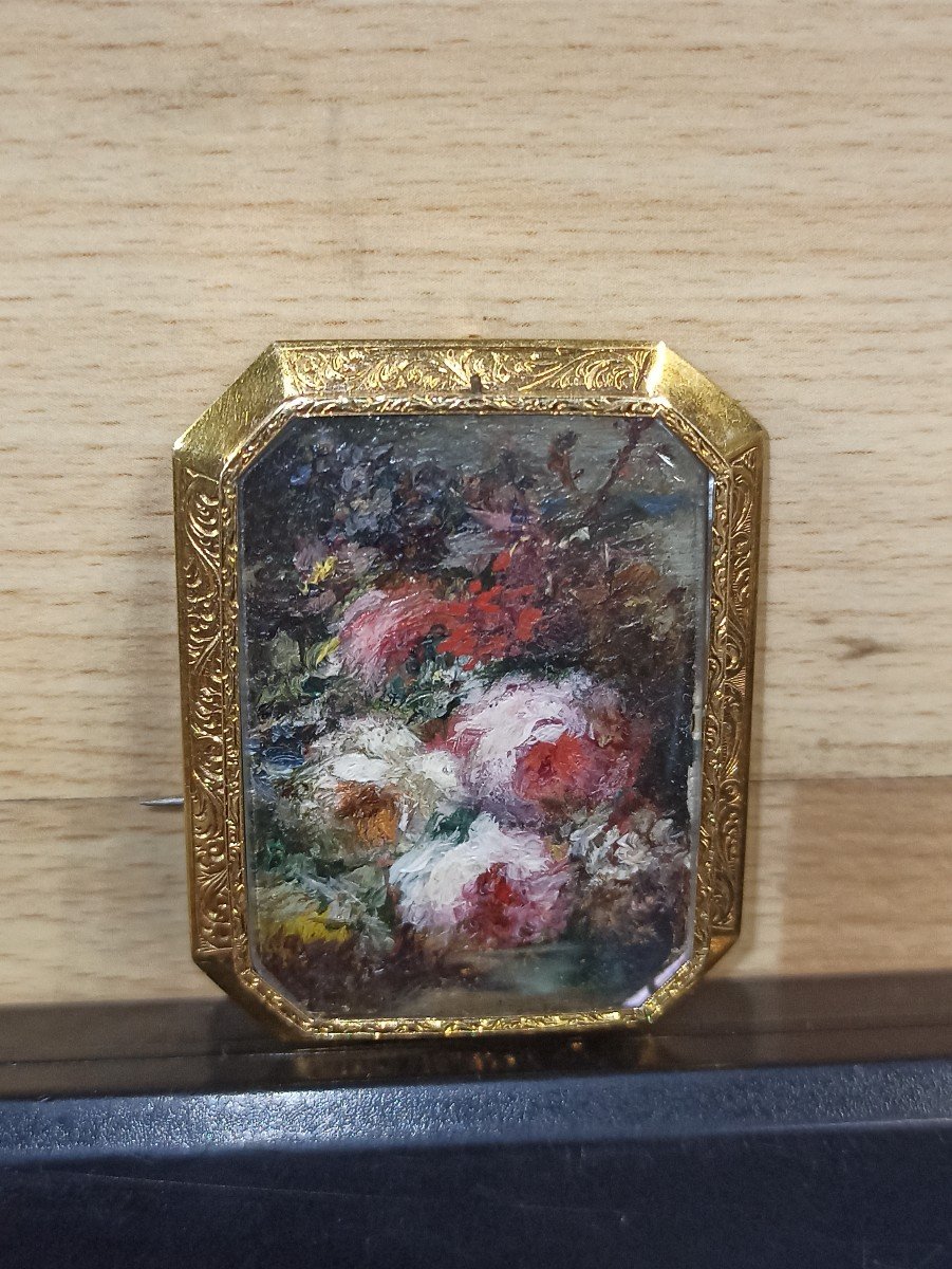 Gold Brooch Decorated With A Painted Miniature Of Flowers Circa 1820-photo-2