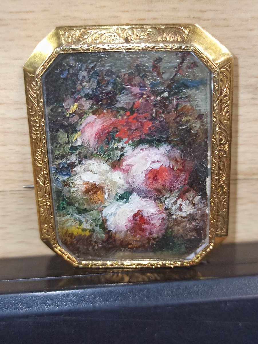 Gold Brooch Decorated With A Painted Miniature Of Flowers Circa 1820