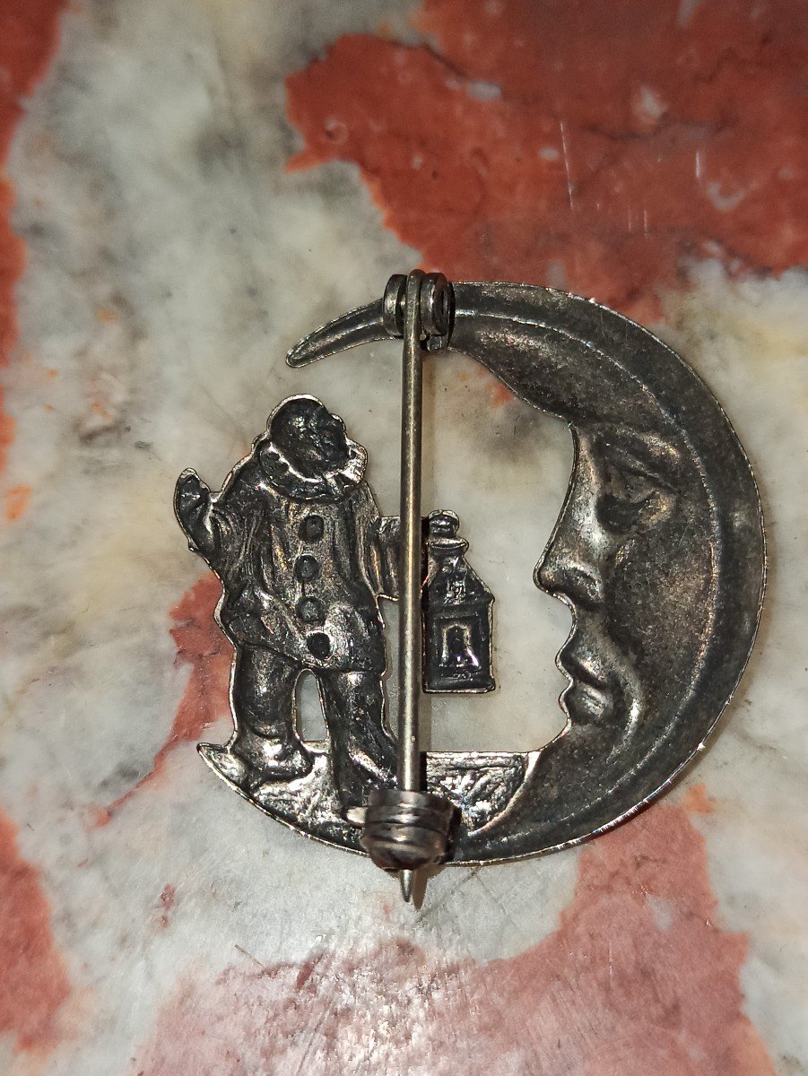 Rare Silver Brooch Depicting Pierrot And The Moon Circa 1940-photo-2