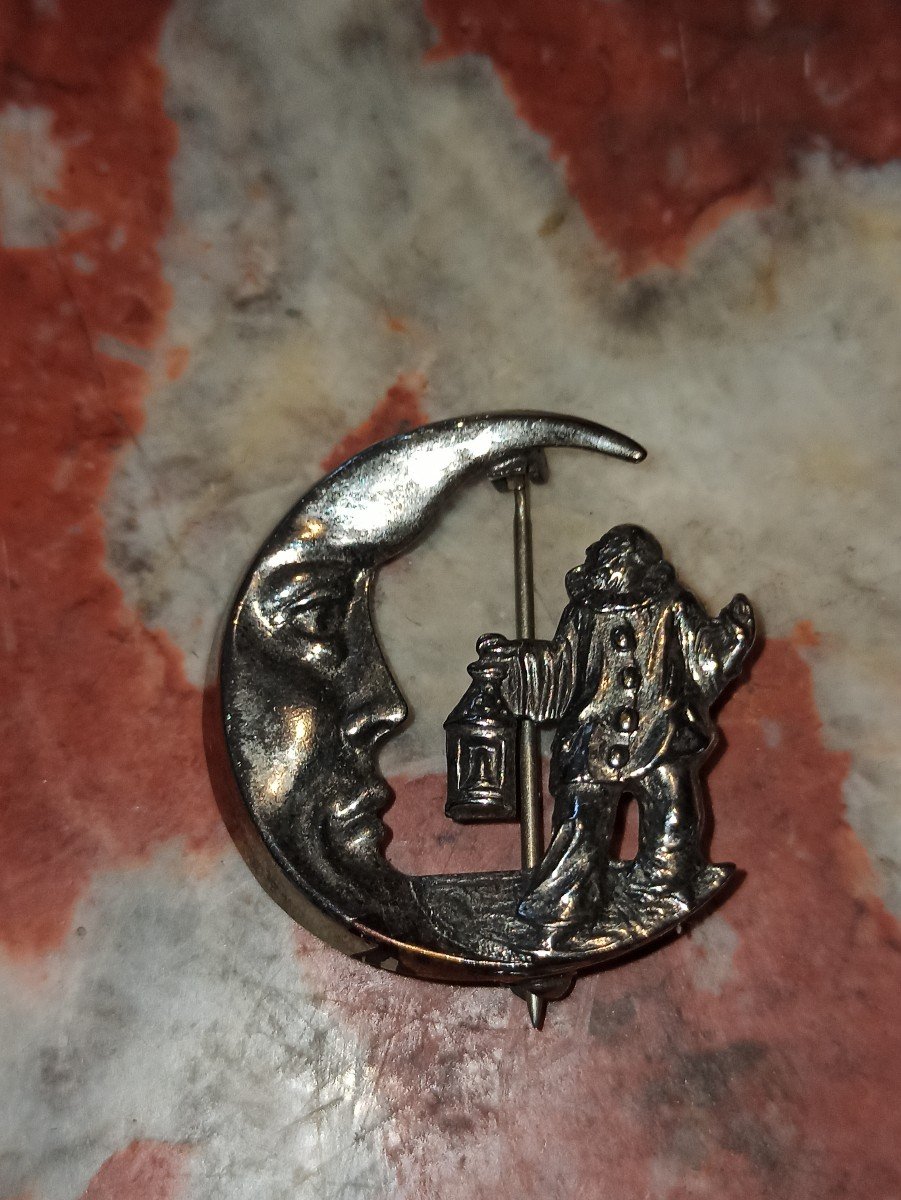 Rare Silver Brooch Depicting Pierrot And The Moon Circa 1940-photo-3