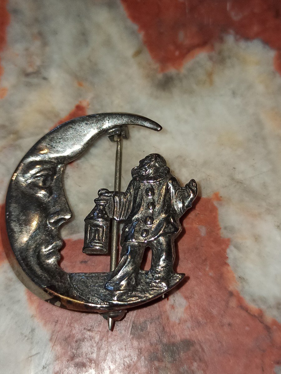 Rare Silver Brooch Depicting Pierrot And The Moon Circa 1940-photo-4