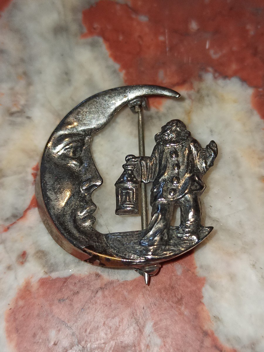 Rare Silver Brooch Depicting Pierrot And The Moon Circa 1940