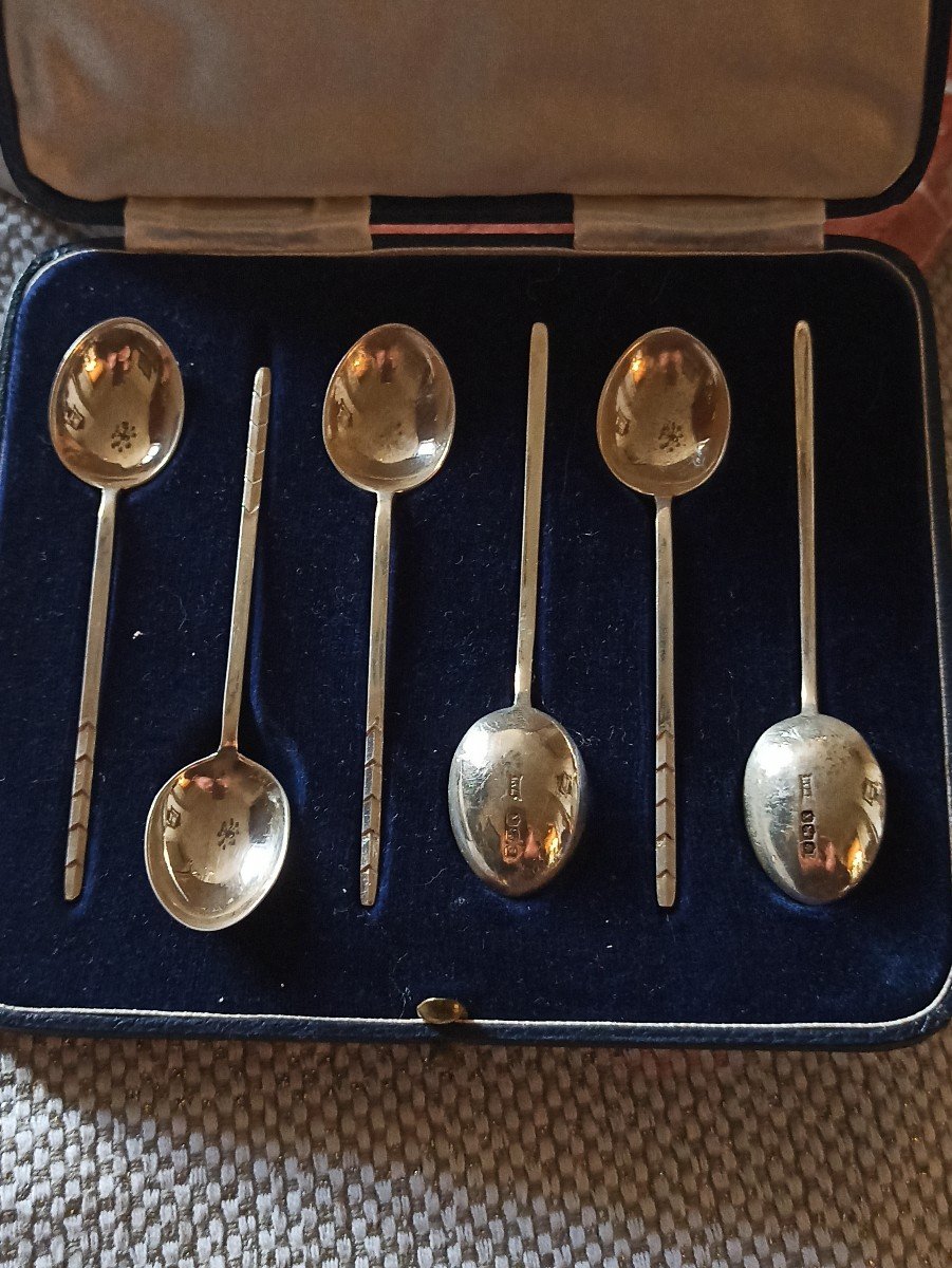 6 English Silver Mocha Spoons, Sheffield, 1922-photo-1