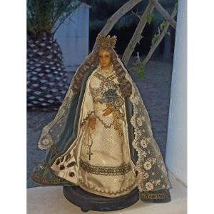 Vierge Populaire En Cire Vêtue De Velours Et De Dentelles, Espagne Fin Du XIXe