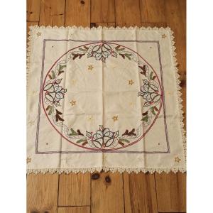 Small Square Tablecloth Decorated With Very Fine Embroidery Work