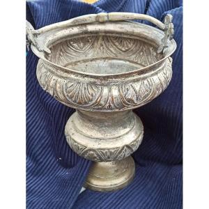 Holy Water Bucket In Embossed And Silvered Copper, 19th Century