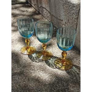 Suite De 3 Verres à Vin Du Service Bleu Et Ambre Dit Georges Sand XIXe