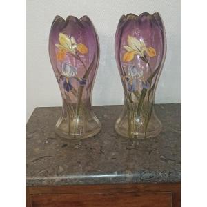 Two Enameled Glass Vases, Iris Decor, Attributed To Le Gras Circa 1900