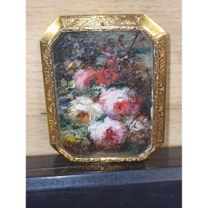 Gold Brooch Decorated With A Painted Miniature Of Flowers Circa 1820