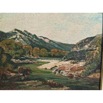 Oil On Cardboard Representing A Pyrenean Valley By Emile Godchaux Late Nineteenth