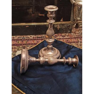Pair Of Candlesticks In Chiseled Silver Metal Restoration Period