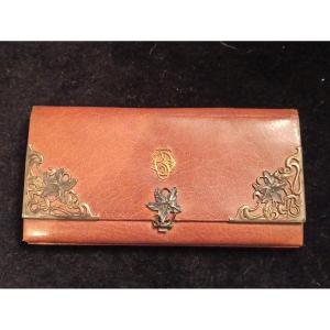 Leather Clutch Bag Adorned With A Rich Art Nouveau Style Decor In Silver And Gold