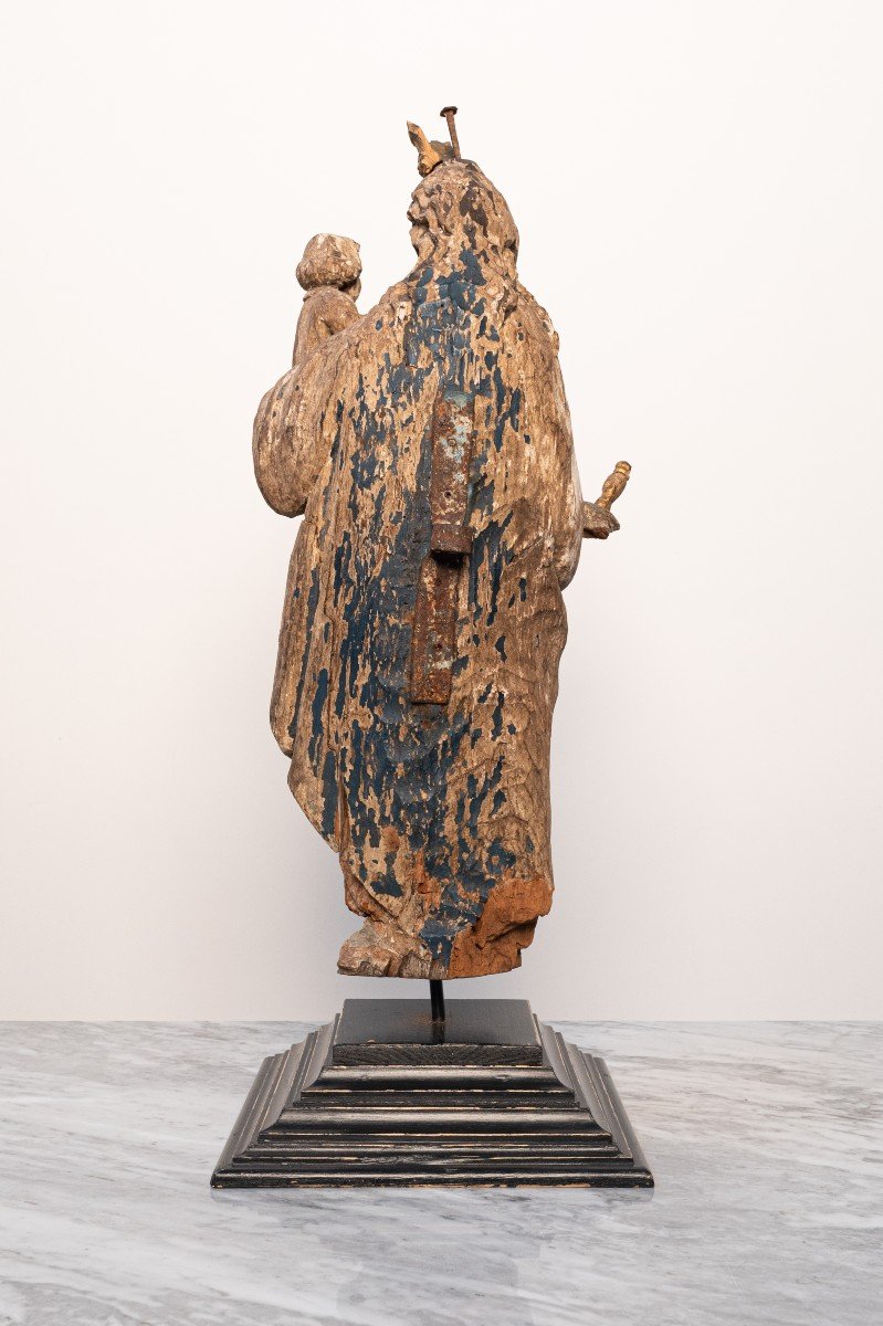 Statue Polychrome De La Vierge Marie En Bois Sculpté à La Main Du XVIe Siècle-photo-3
