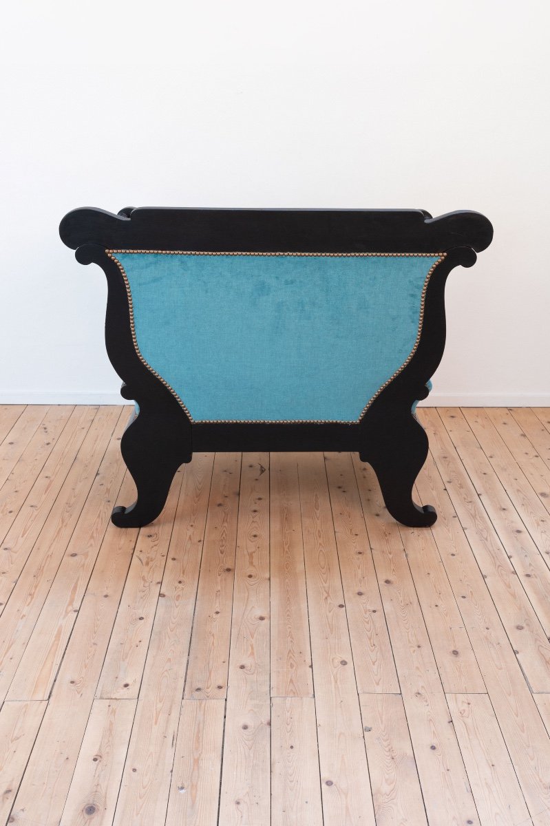 Fauteuil  Biedermeier Noire, Avec Velours Bleu-photo-5