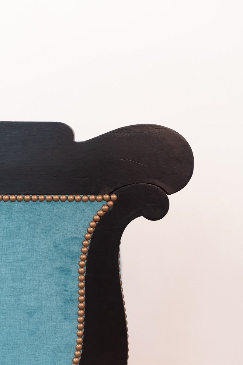 Fauteuil  Biedermeier Noire, Avec Velours Bleu-photo-8