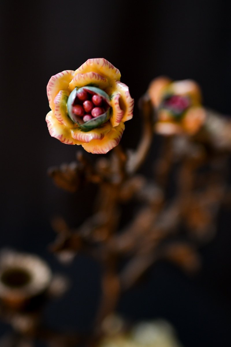 Bronze Candle Holder With Ceramic Birds And Flowers-photo-3