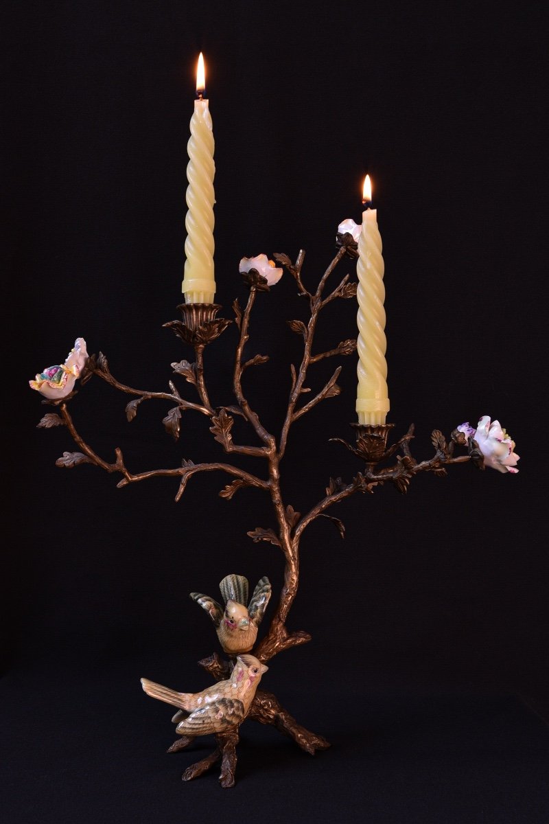 Bronze Candle Holder With Ceramic Birds And Flowers-photo-5