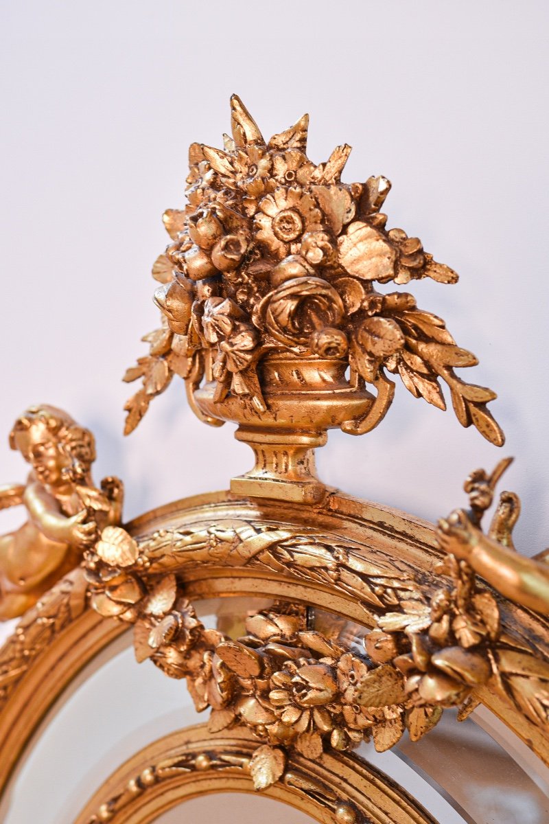  Miroir Ovale Baroque En Bois (fin du 19ème Siècle) Décoré De Putti Et d'éléments Floraux-photo-2