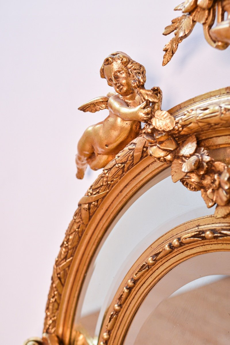  Miroir Ovale Baroque En Bois (fin du 19ème Siècle) Décoré De Putti Et d'éléments Floraux-photo-3