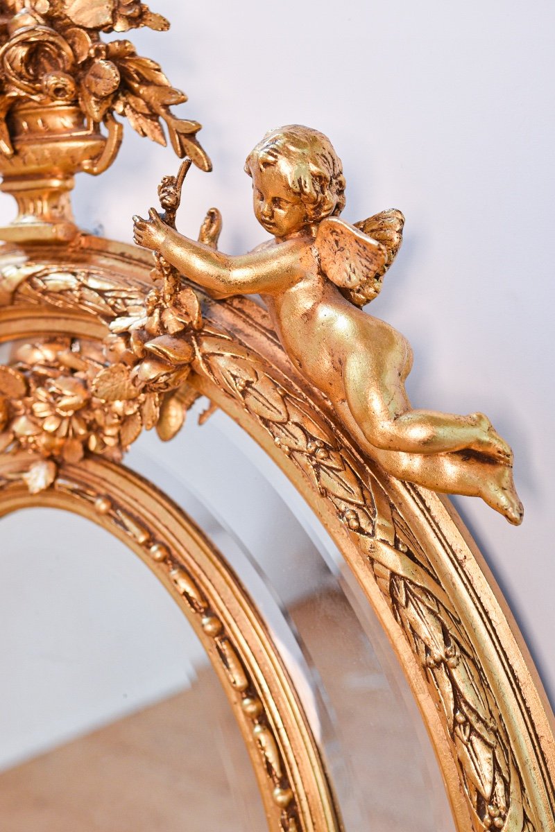  Miroir Ovale Baroque En Bois (fin du 19ème Siècle) Décoré De Putti Et d'éléments Floraux-photo-2