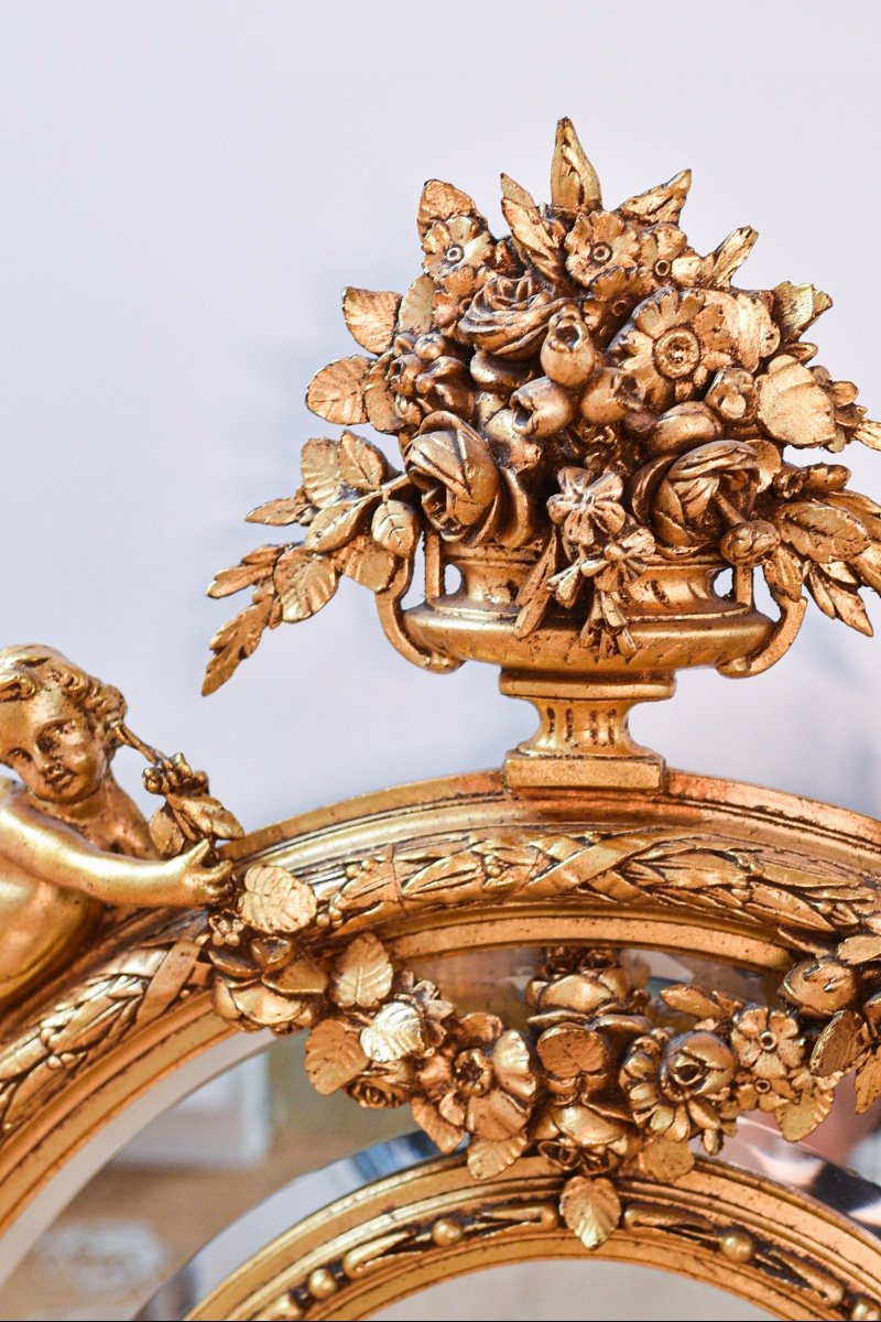  Miroir Ovale Baroque En Bois (fin du 19ème Siècle) Décoré De Putti Et d'éléments Floraux-photo-3