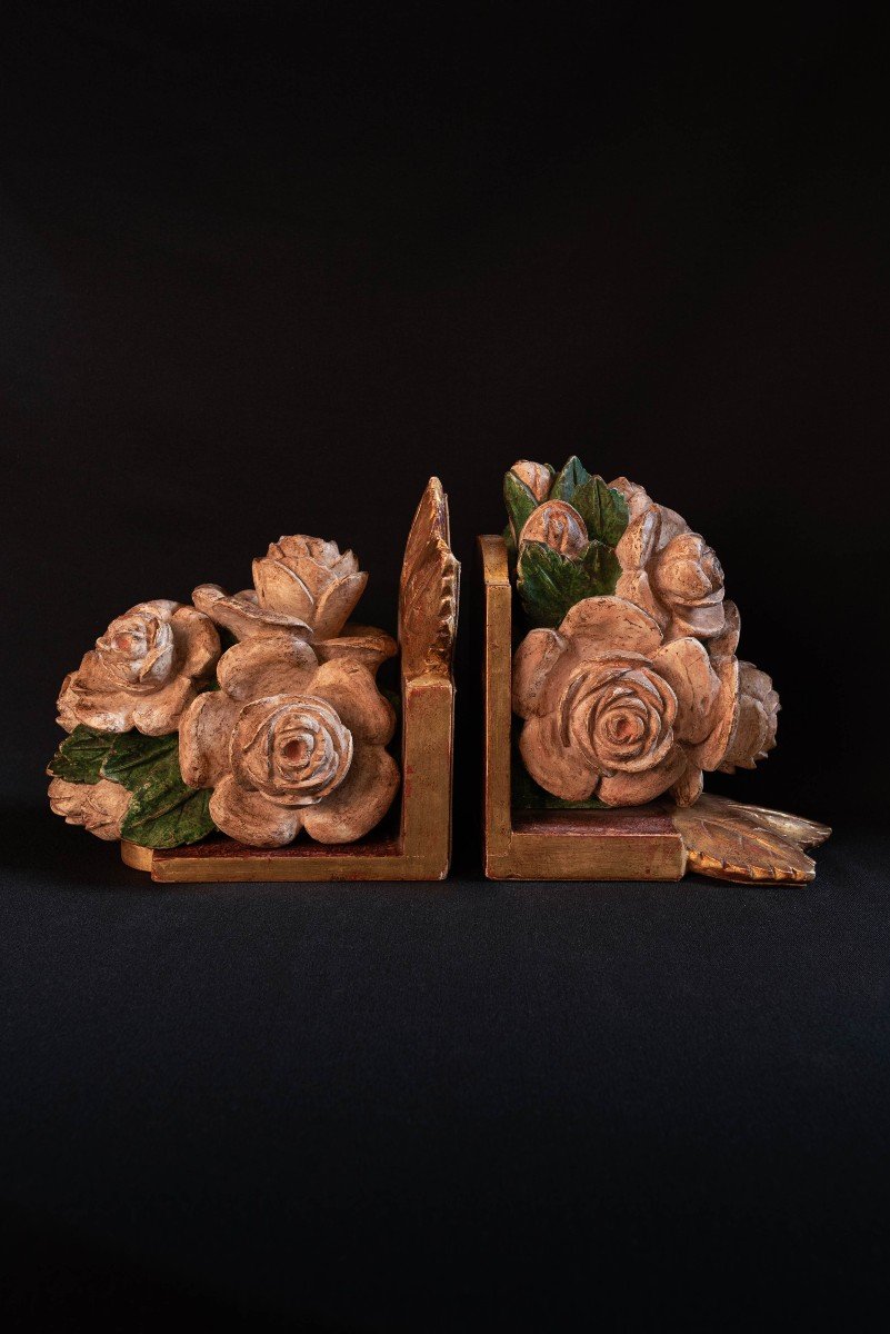 Pair Of Wooden Bookends From The 19th Century, Hand Made And Painted-photo-3