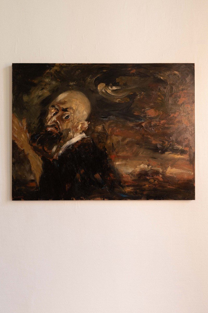 Oil Painting On Canvas, Anxious Man, Raoul Van Den Heede (belgium), 20th Century-photo-2