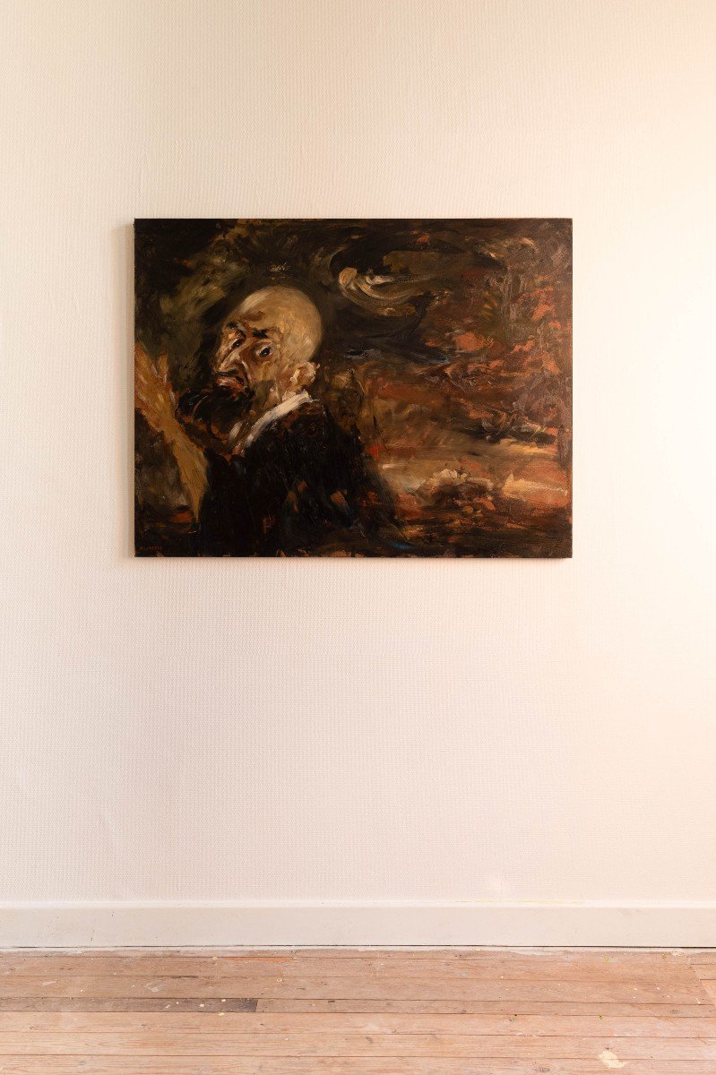 Oil Painting On Canvas, Anxious Man, Raoul Van Den Heede (belgium), 20th Century-photo-3