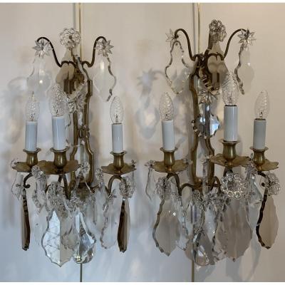 Pair Of Bronze And Crystal Sconces