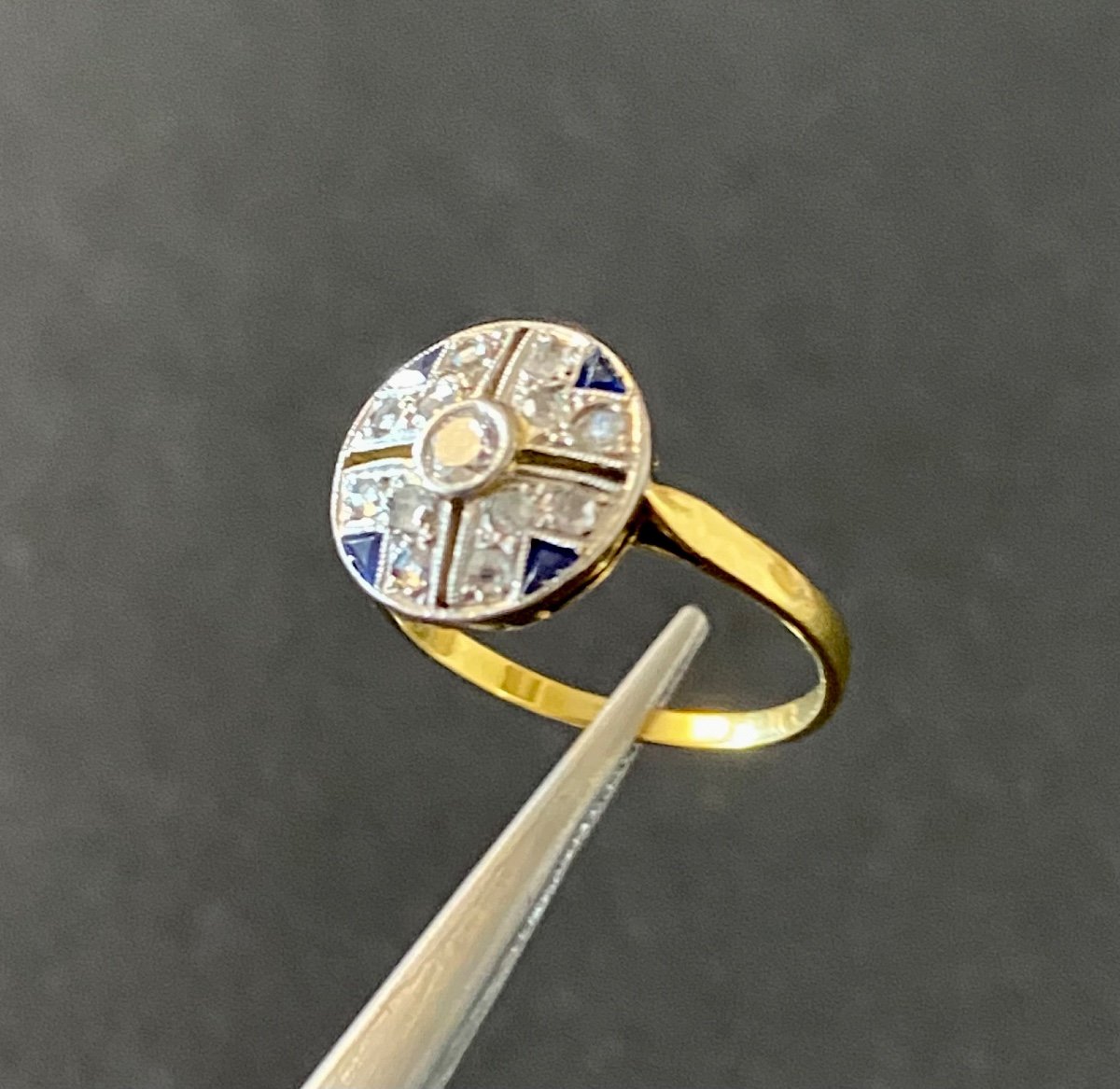 Old Art Deco Ring In Gold, Sapphire And Diamonds-photo-6