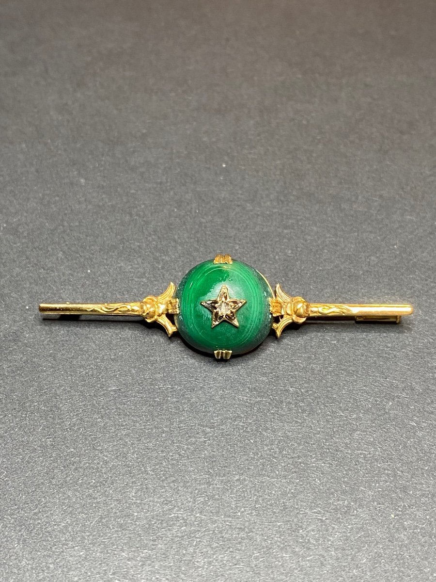 Old Art Nouveau Malachite Gold And Diamond Brooch-photo-4