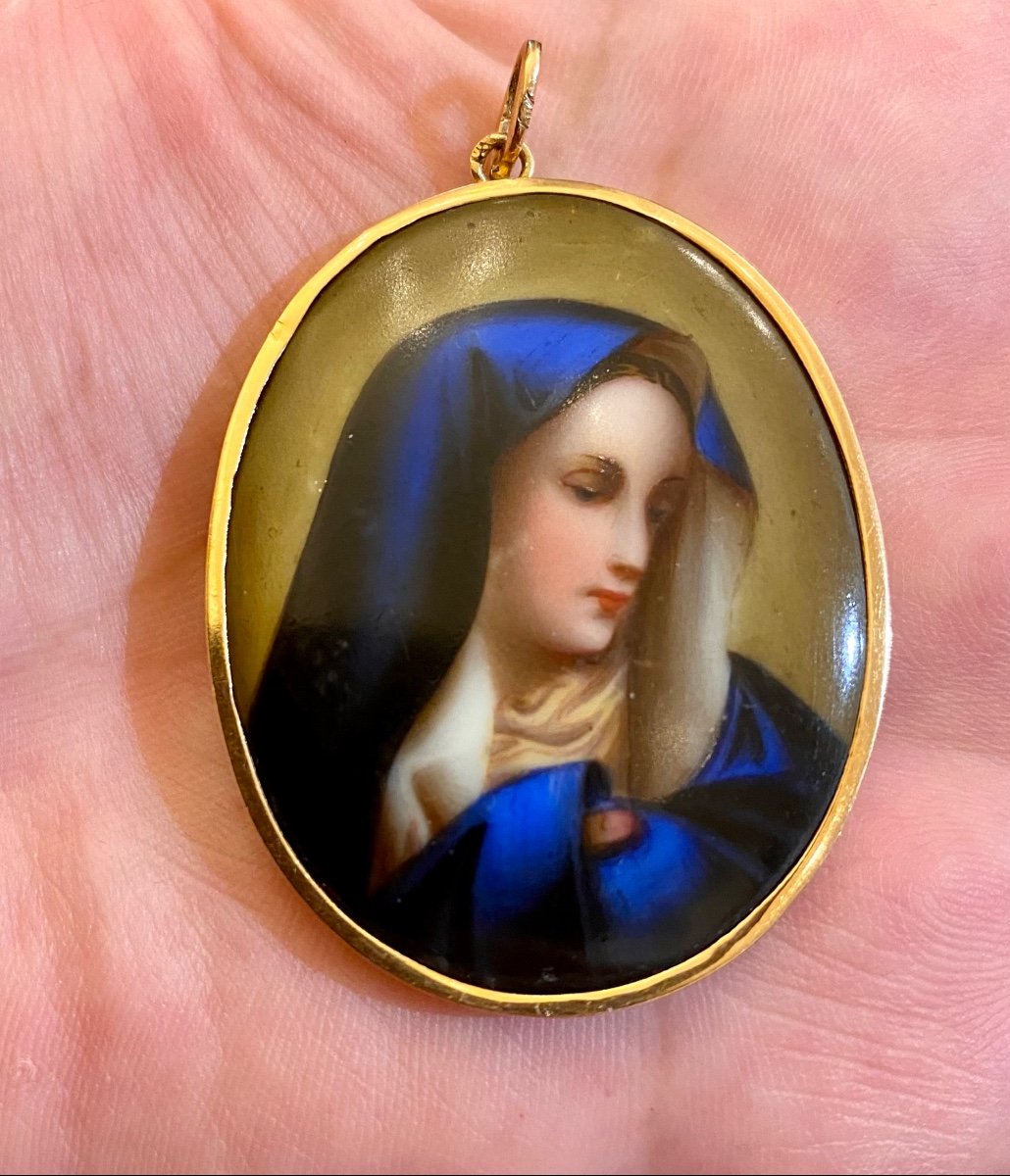 Ancien Pendentif en  Or Et miniature sur  Porcelaine-photo-3