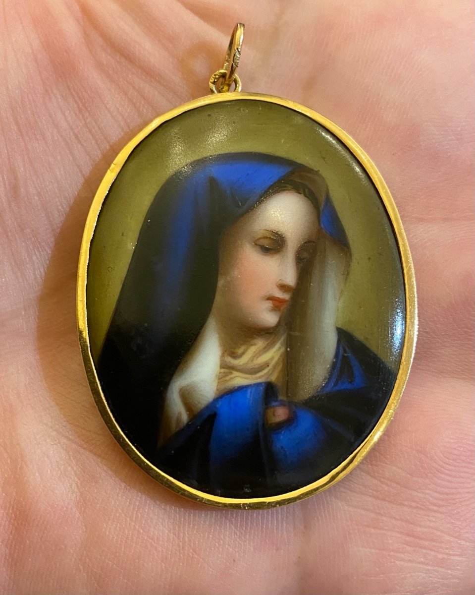 Ancien Pendentif en  Or Et miniature sur  Porcelaine-photo-1