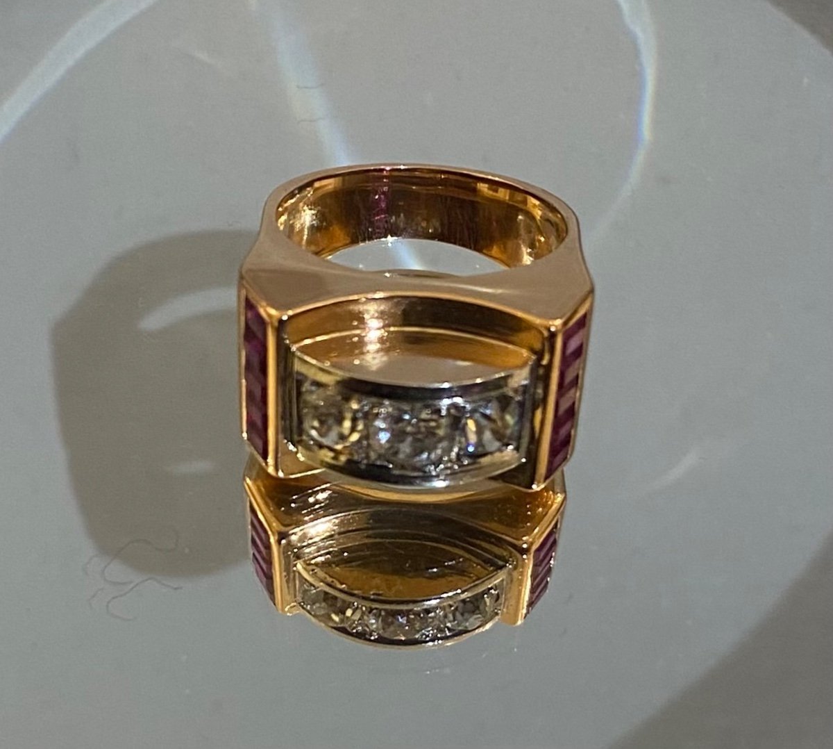 Tank Ring In Gold, Diamonds And Synthetic Rubies -photo-5