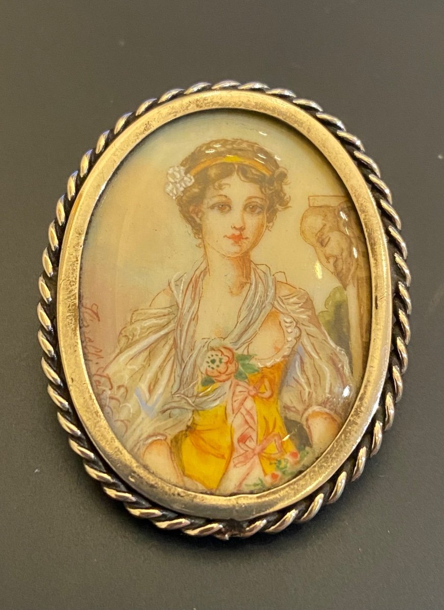 Old 800/1000 Silver Brooch, Hand Painted Miniature