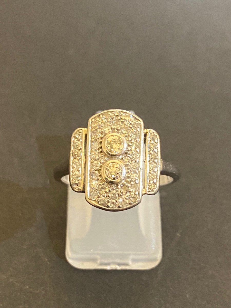 Old Art Deco Style Ring In 850/1000 Eme Platinum And Diamonds-photo-2