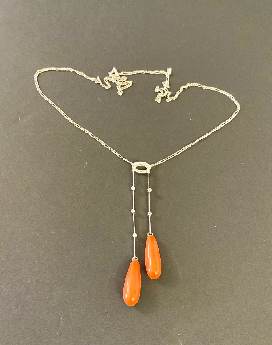 Collier Négligé Style Art Deco En Or , Diamants Et Corail