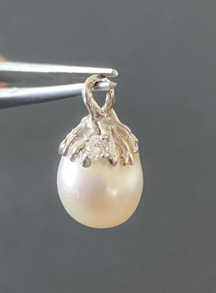 Pretty Pendant In 750/1009 Eme White Gold, Cultured Pearl And Diamond -photo-2