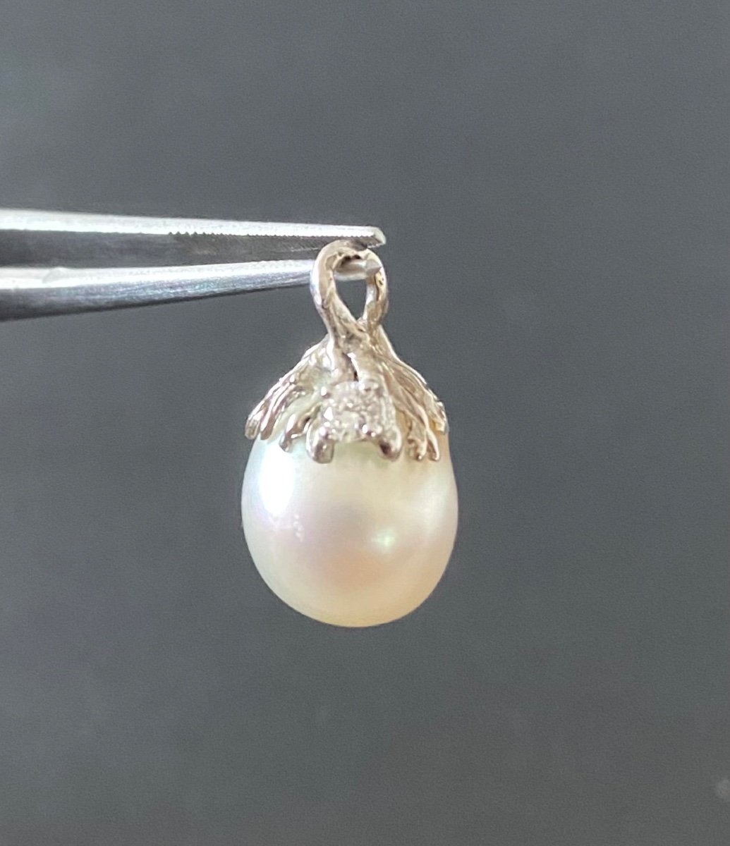 Pretty Pendant In 750/1009 Eme White Gold, Cultured Pearl And Diamond -photo-5