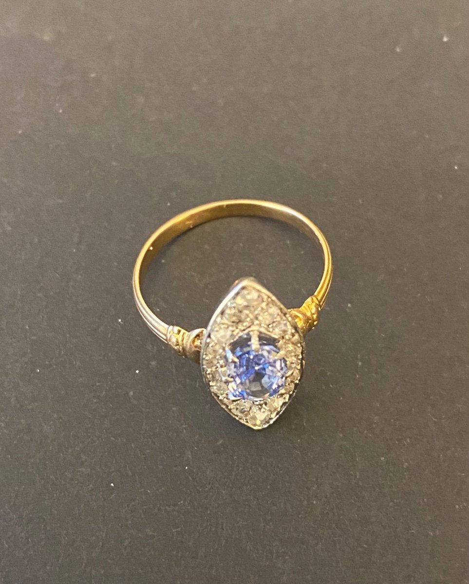 Old Navette Ring In Gold, Sapphire And Diamonds-photo-2