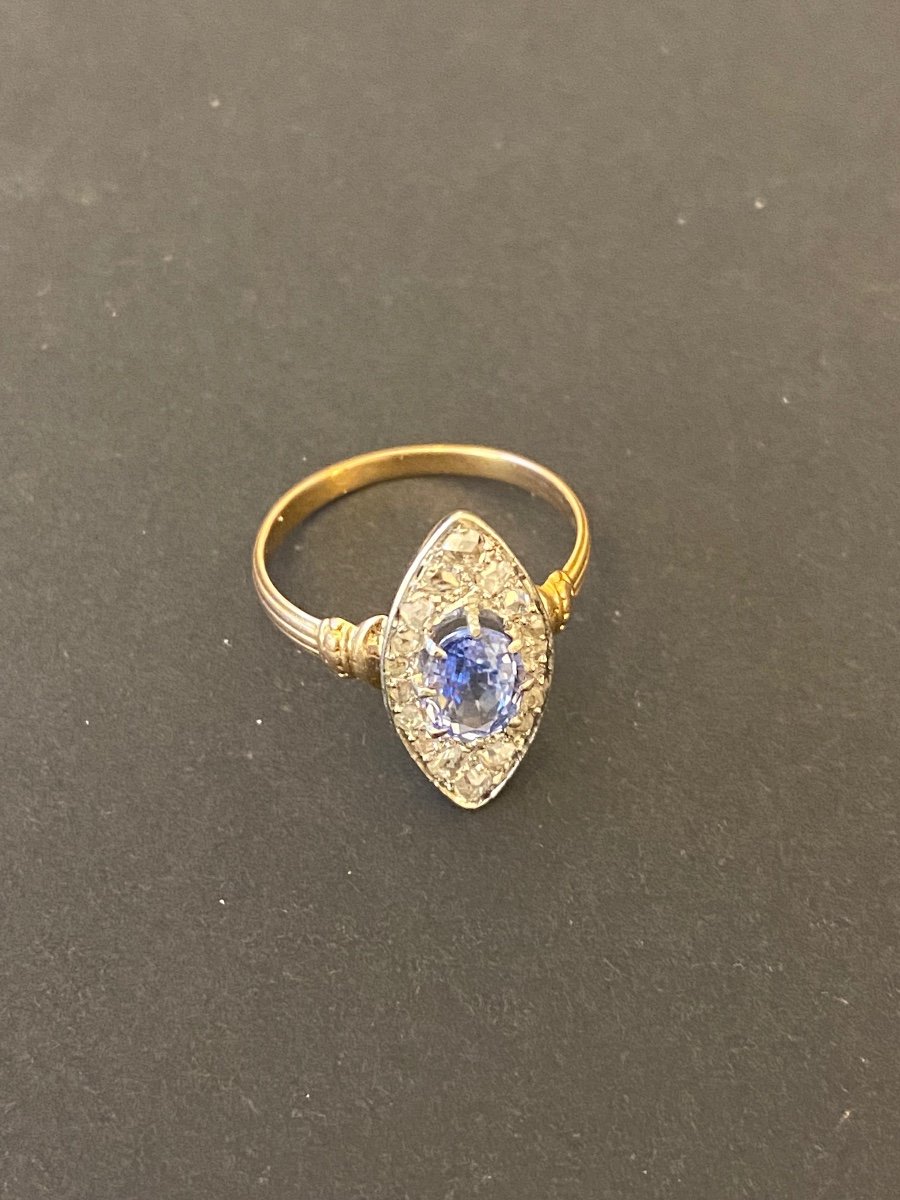 Old Navette Ring In Gold, Sapphire And Diamonds-photo-3