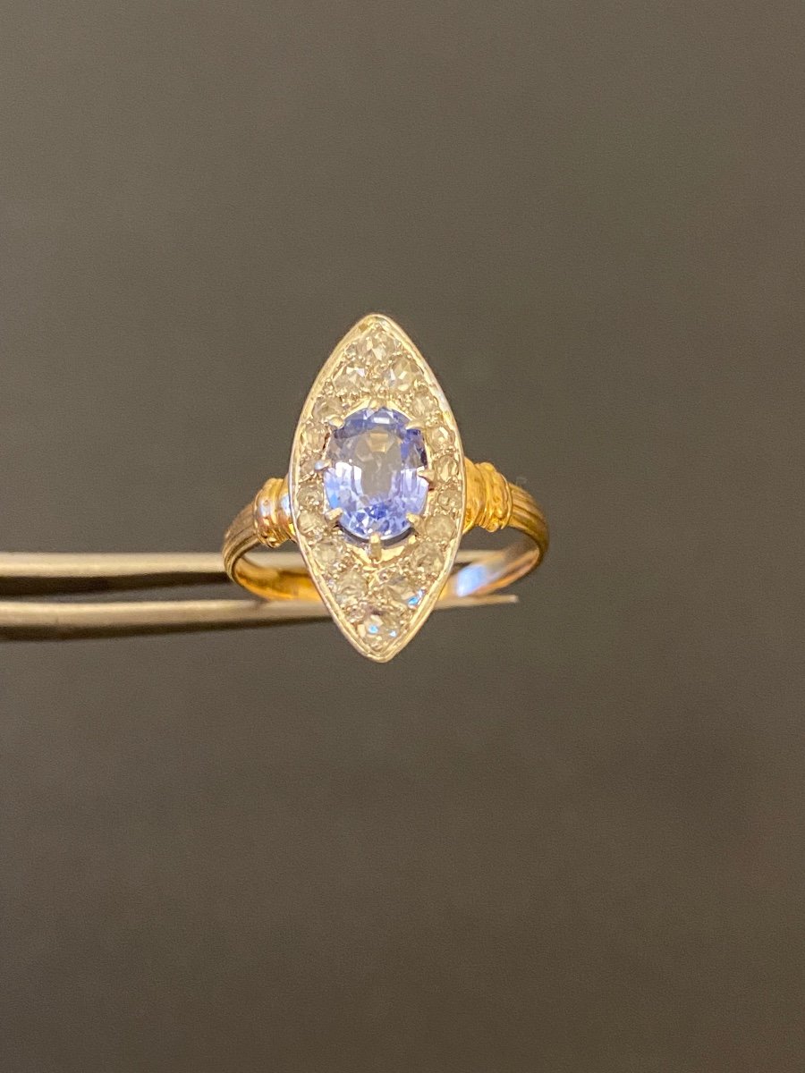 Old Navette Ring In Gold, Sapphire And Diamonds