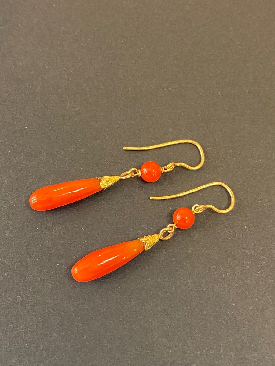 Pair Of Gold And Coral Drop Earrings