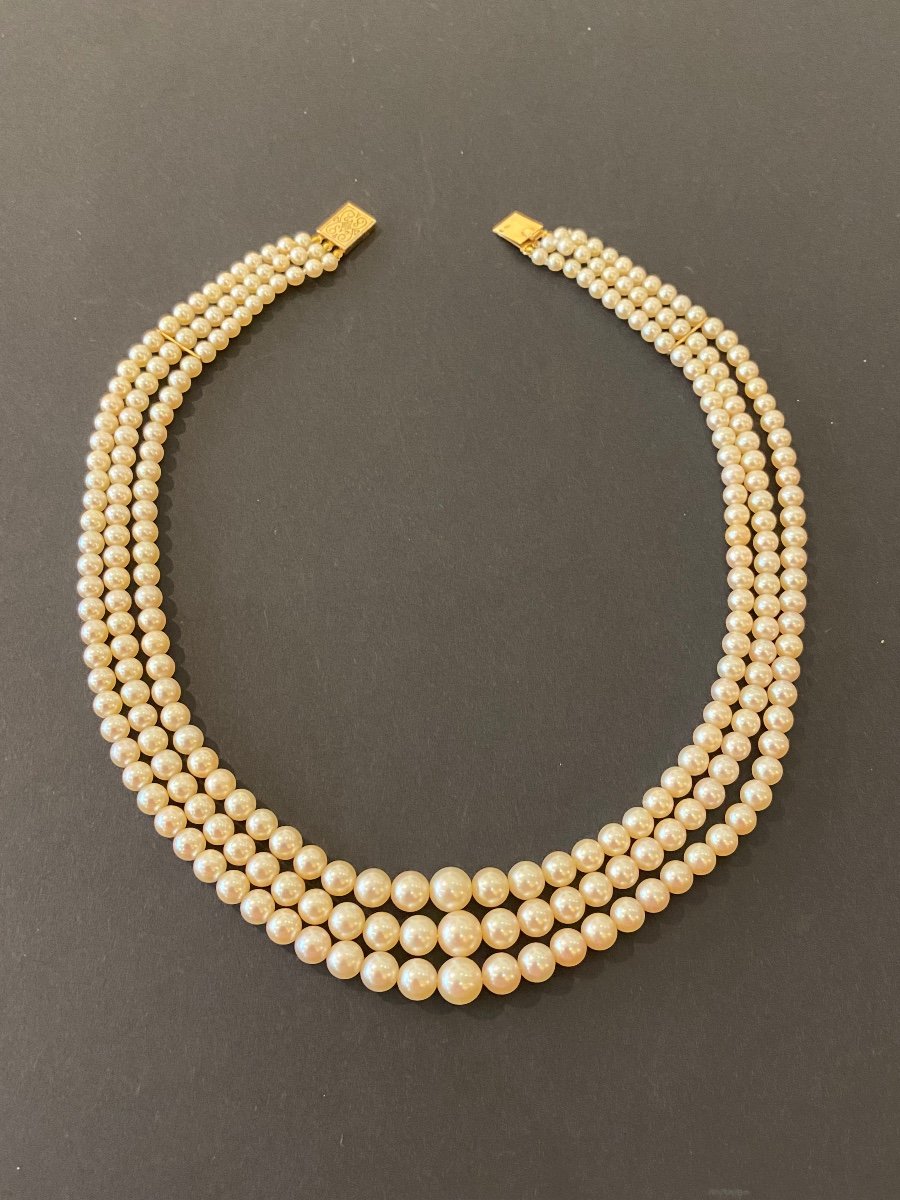 Collier Triple Rangs De Perles De Culture, Fermoir Or Jaune 