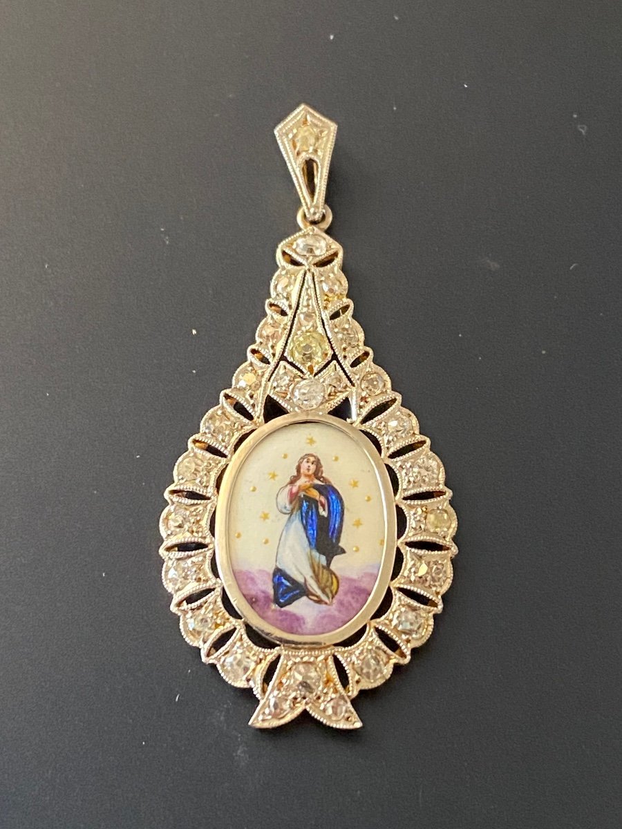 Ancien Pendentif Style Art Deco En Or, Diamants Et Email-photo-3