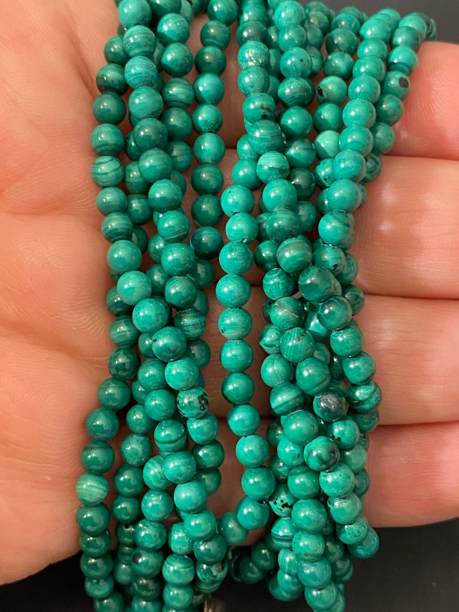 Collier Six Rangs De Perles De Malachite , Fermoir Argent-photo-3