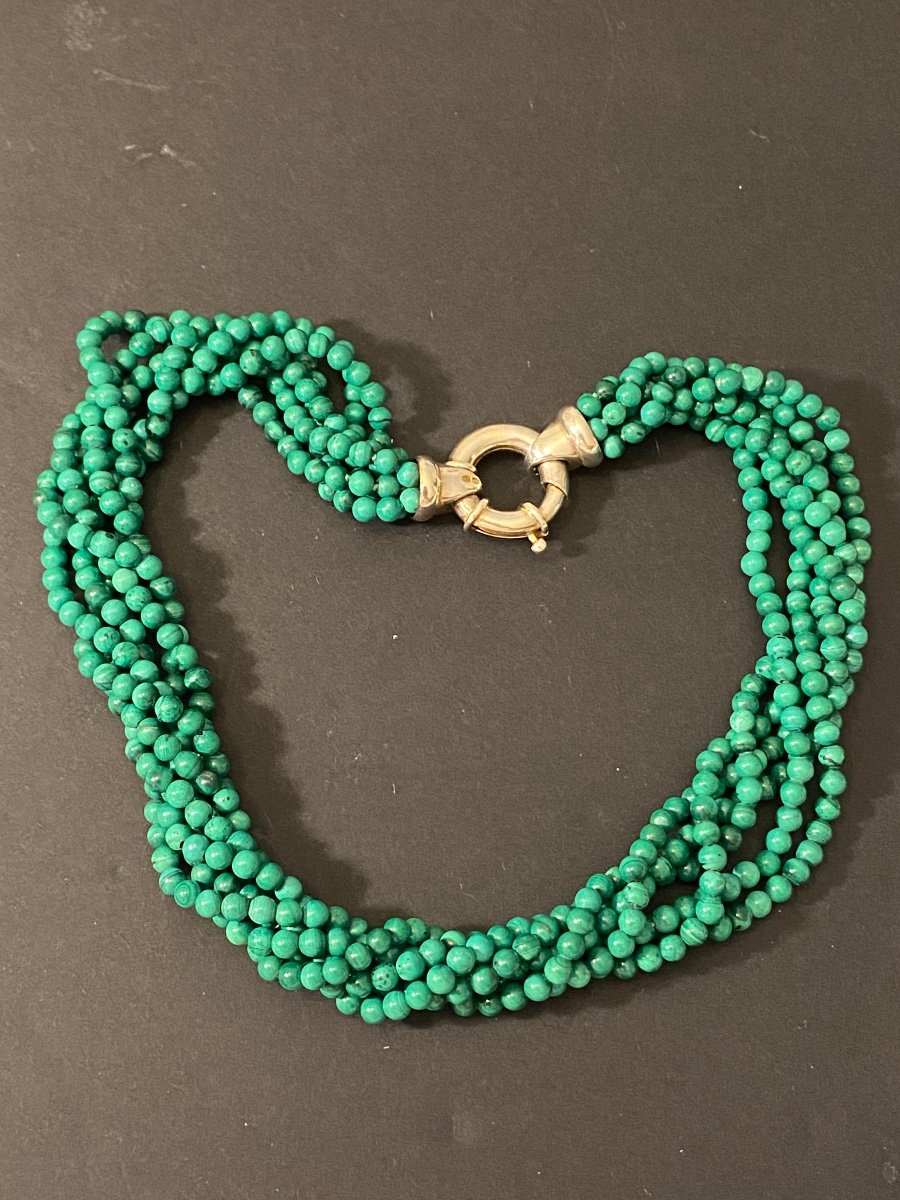 Collier Six Rangs De Perles De Malachite , Fermoir Argent